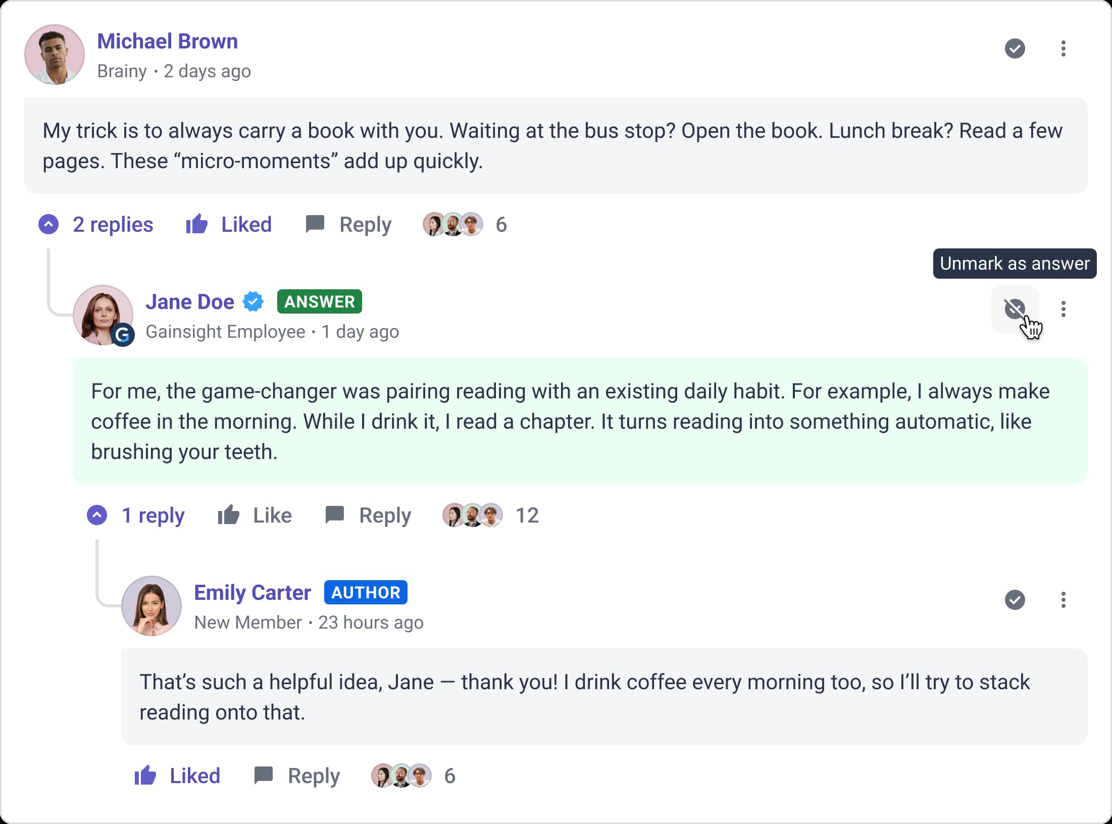 Gainsight thread reply card, collapsed state showing reply count, replier avatar, and first reply preview