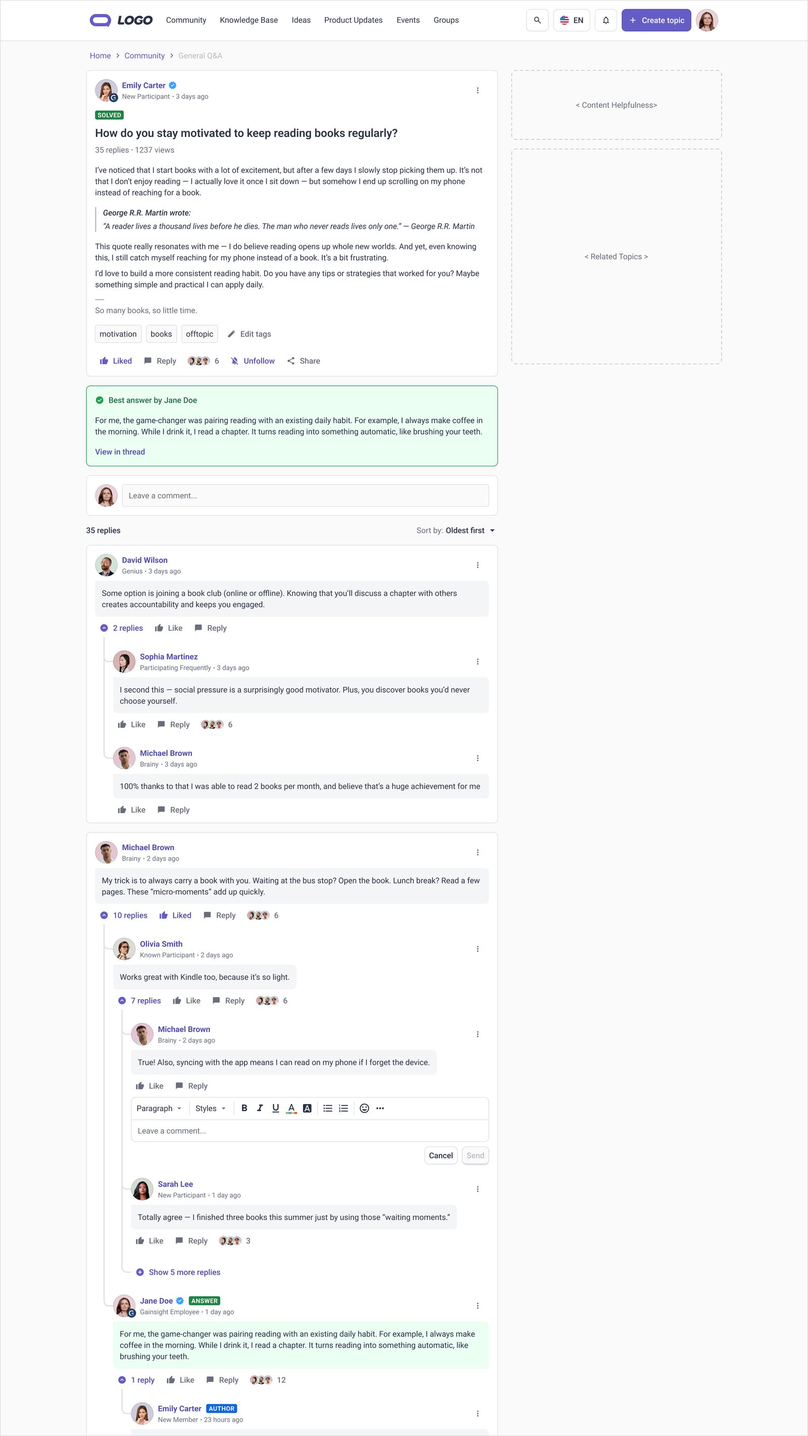 Gainsight Communities bounded threading model, desktop view showing two-level reply nesting and contextual reply composition