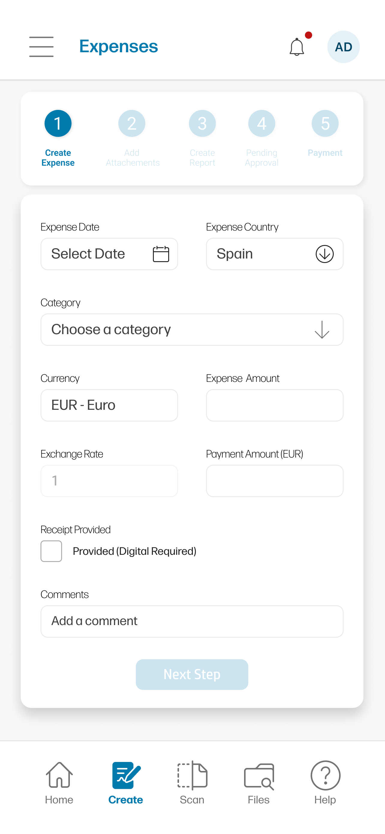 HP expense management mobile app, submitter flow showing receipt capture and expense categorisation