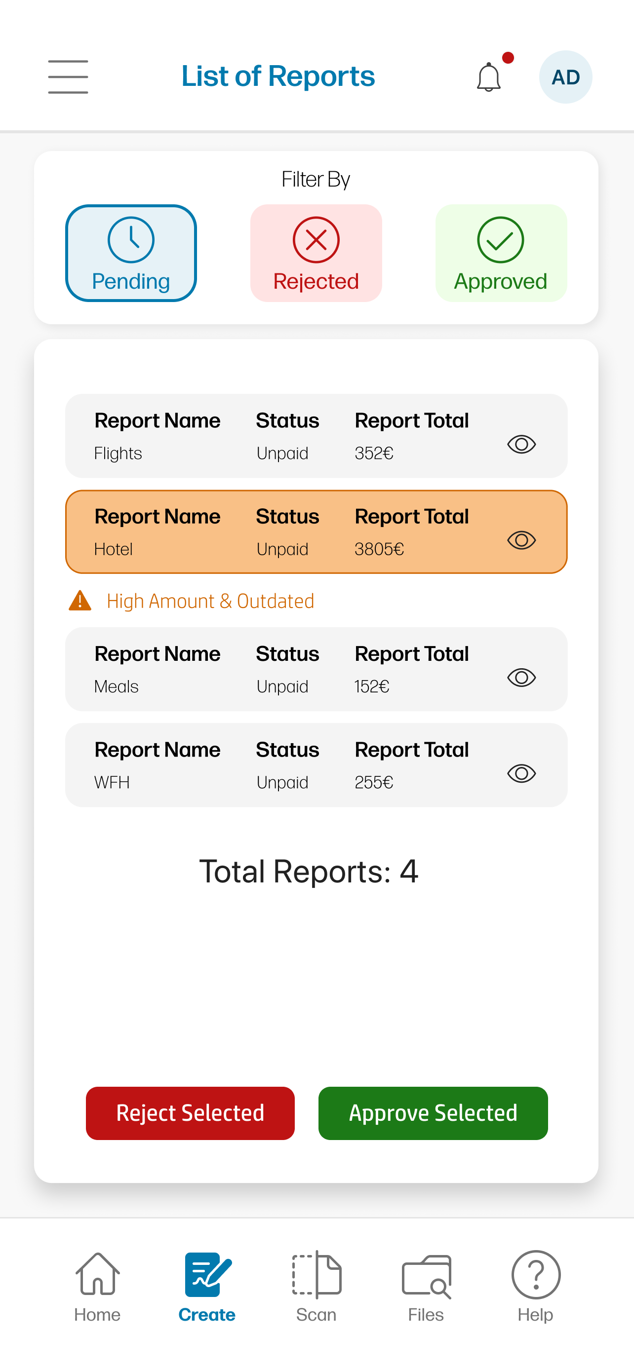 HP expense management mobile app, approver flow showing team submission review and approval