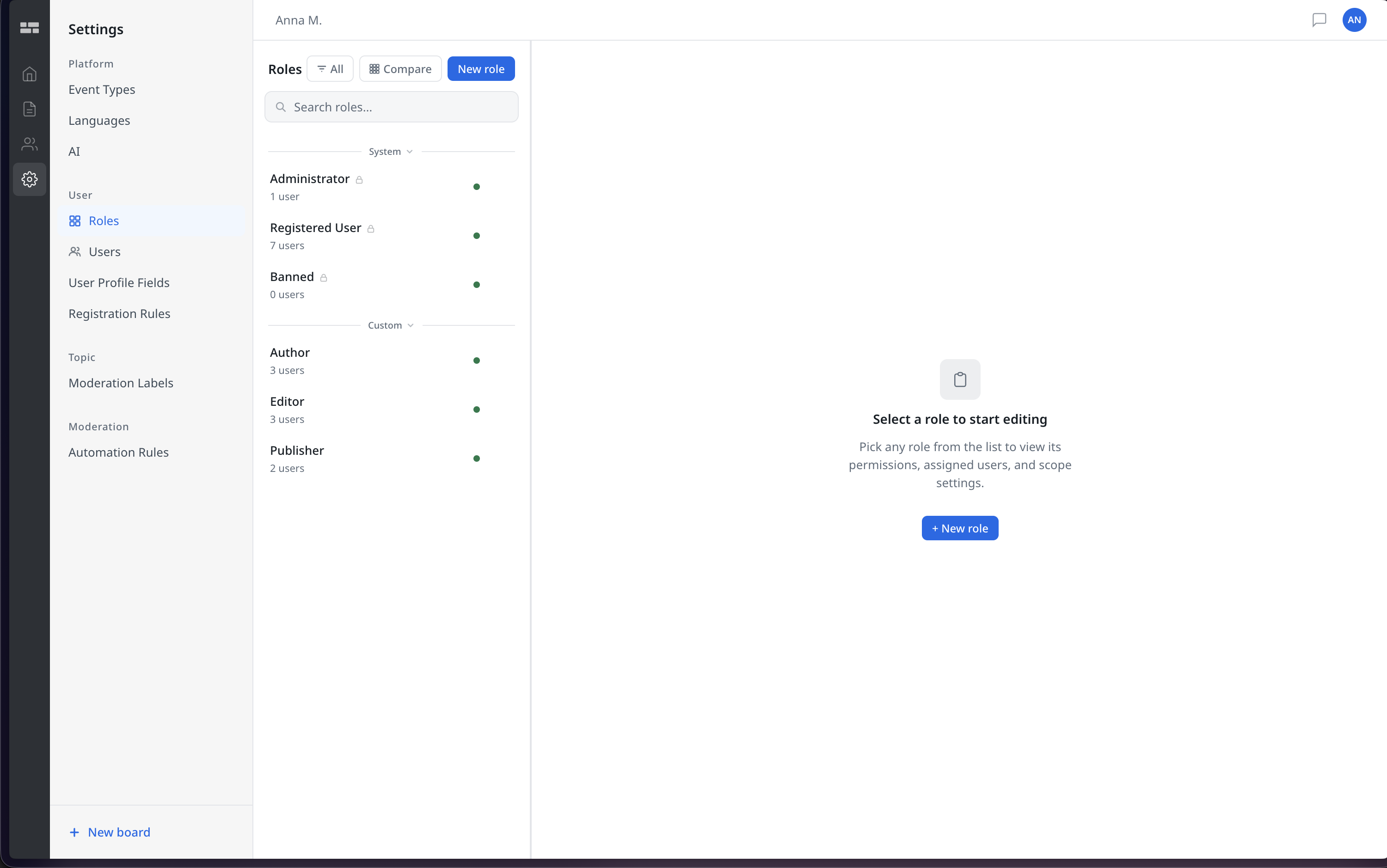 The redesigned roles list: system and custom roles grouped, searchable, with a compare action
