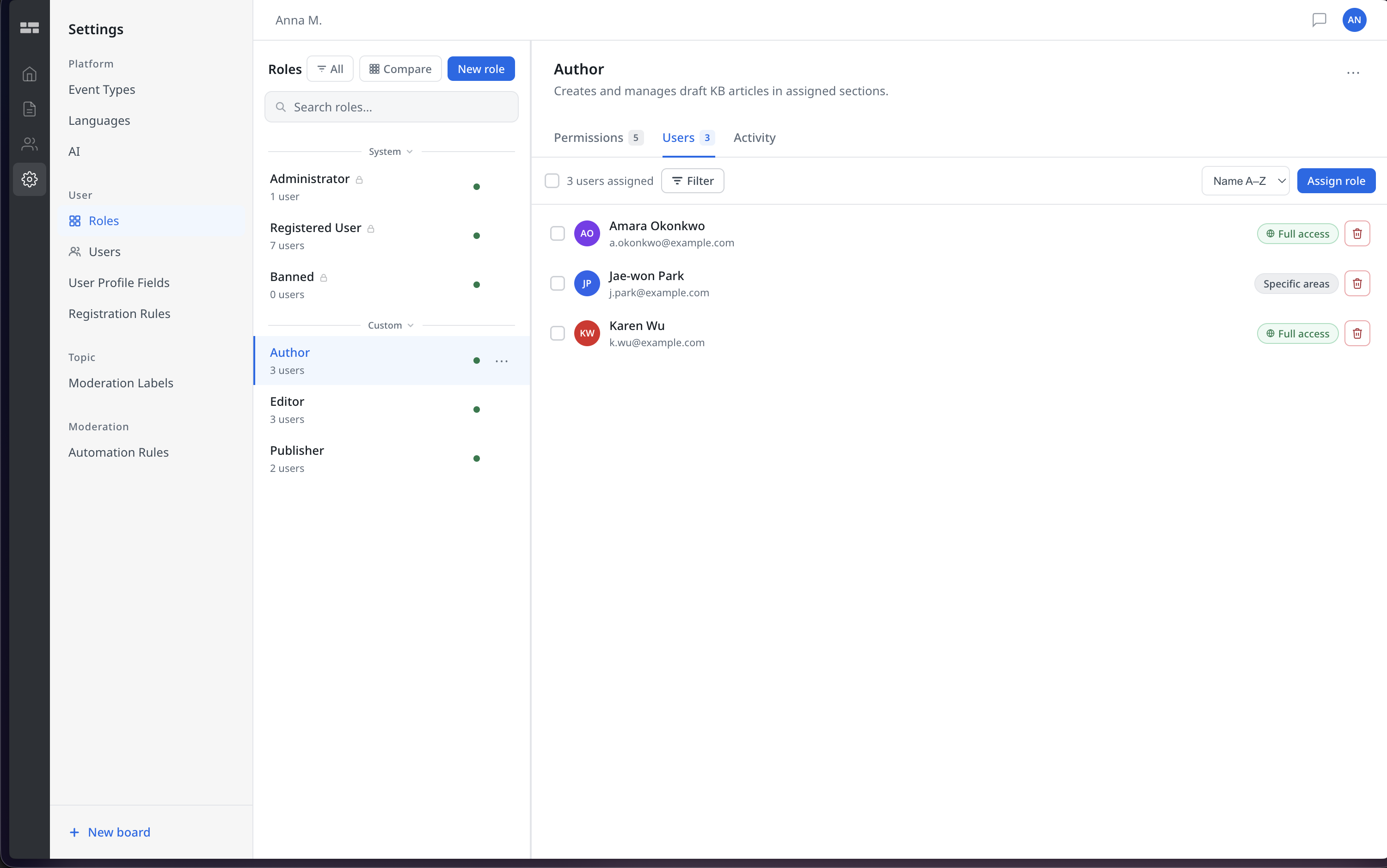 The users tab for a role, showing exactly what each person has: Full access or Specific areas, visible without opening anything